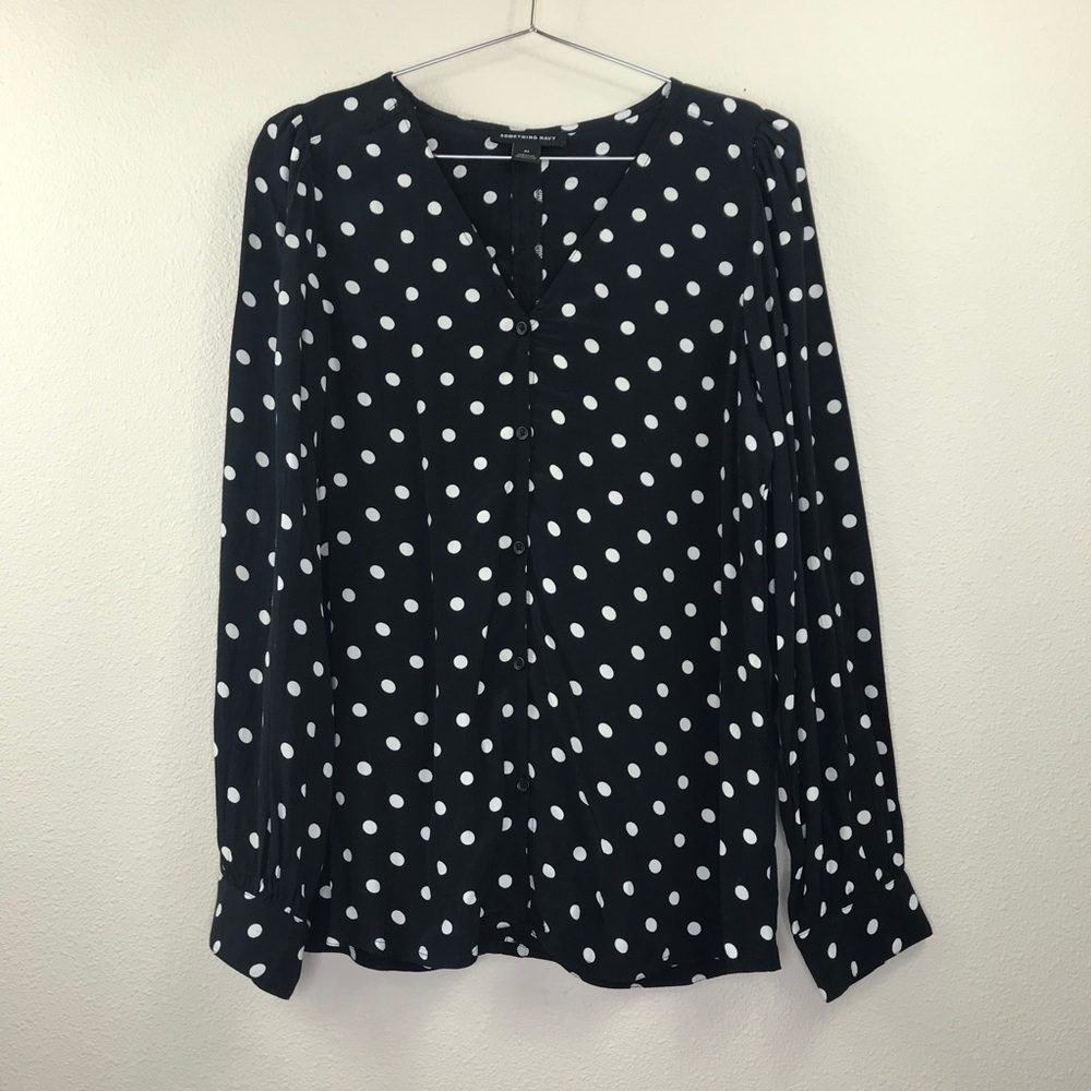 Something Navy Polka Dot Oversized Balloon Sleeve Button Down Size XS - Picture 2 of 8